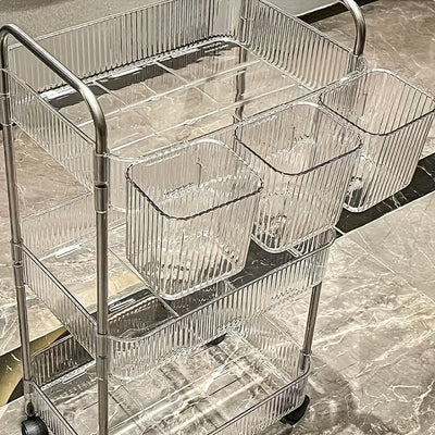 Carro de Almacenamiento Acrílico con Ruedas de Tres Niveles, Organizador Transparente Multicapa con Marco Triple de Aluminio para Baño, Cocina y Sala | Diseño Giratorio 360°, Estructura Moderna en Plástico Portátil para Fácil Acceso