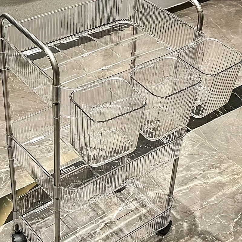 Carro de Almacenamiento Acrílico con Ruedas de Tres Niveles, Organizador Transparente Multicapa con Marco Triple de Aluminio para Baño, Cocina y Sala | Diseño Giratorio 360°, Estructura Moderna en Plástico Portátil para Fácil Acceso
