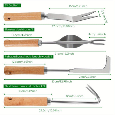 Juego de 4 Herramientas para Deshierbar Acero Inoxidable con Mango Ergonómico de Madera, Set Multiusos para Jardinería y Transplante