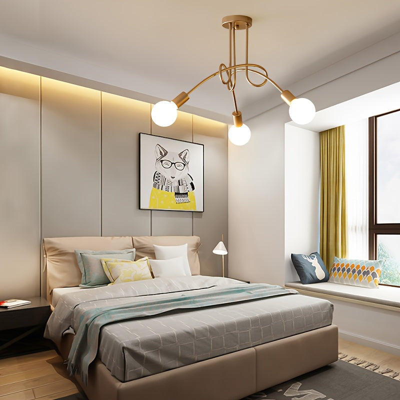 1 pieza de luz de techo dorada, luz de techo de tubo curvado de tres cabezas, adecuada para sala de estar, dormitorio, estudio, cocina, oficina, hotel (base de bombilla E26 - bombilla no incluida)