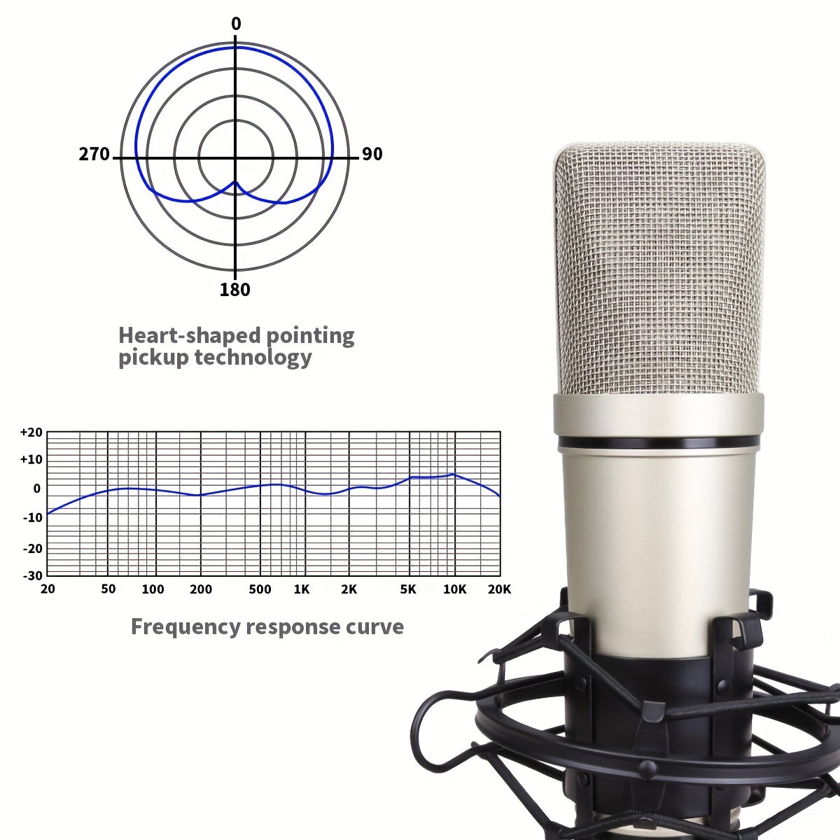 Micrófono de condensador de grado estudiado U87 con pantalla de viento clip-on, alimentado por corriente directa, conectores XLR para KARAOKE, juegos, videoconferencias y transmisión en vivo - Acabado dorado, micrófono de KARAOKE, acabado metálico elegan