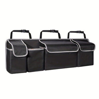 Organizador de maletero de coche con 4 bolsillos y 3 tapas separadas - Accesorios de carga plegables, material duradero de poliamida, almacenamiento multi-cámara para asiento trasero y maletero, organización de vehículos, cierre de cremallera seguro