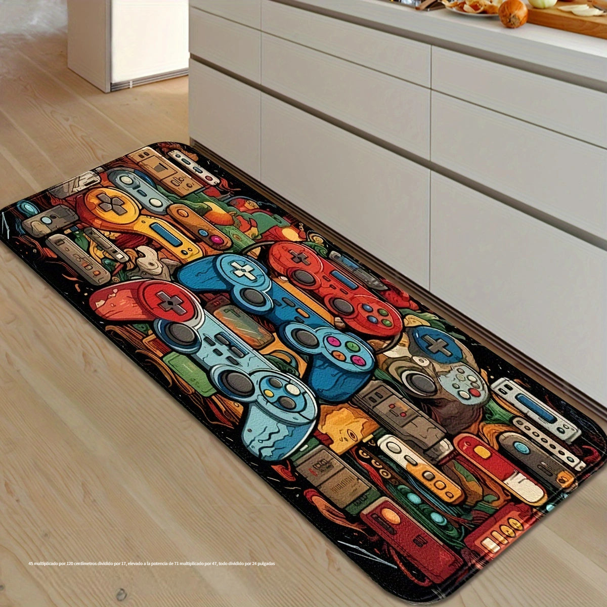 1 pieza de diseño de controlador de juegos FUSFEEL, alfombrilla de cocina antideslizante - Poliéster suave y duradero, varios tamaños para dormitorio, lavandería y sala de juegos - Estilo negro con gráficos de controlador de juegos coloridos, alfombrilla