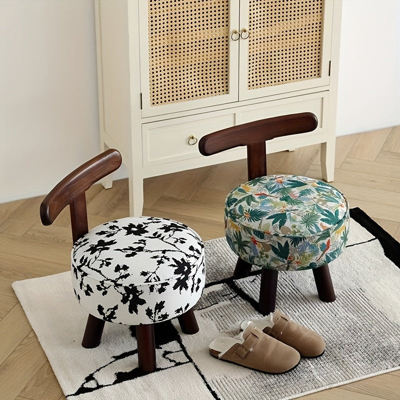 1pc Otomán Giratorio de Madera Dura con Tapizado Floral - Taburete Decorativo Reciclado para Sala, Entrada y Almacenamiento de Zapatos, Diseño Vintage Moderno, Tela Fácil de Limpiar