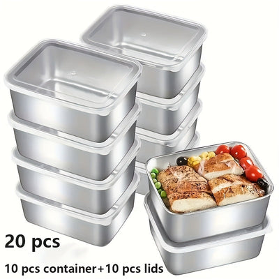 Juego de 20 Recipientes para Alimentos de Acero Inoxidable, Caja Multifuncional con 10 Contenedores + 10 Tapas Antiderrames Apilables, Reutilizable para Camping, Reuniones Familiares y Uso en Oficina o Escuela