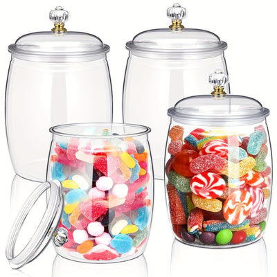 Juego de 4 Tarros para Dulces y Galletas con Tapas, Tarro Plástico Decorativo para Medicinas, Contenedor Auto-Servicio para Dulces, Tarro Sellado Transparente para Almacenamiento de Alimentos, Decoración del Hogar