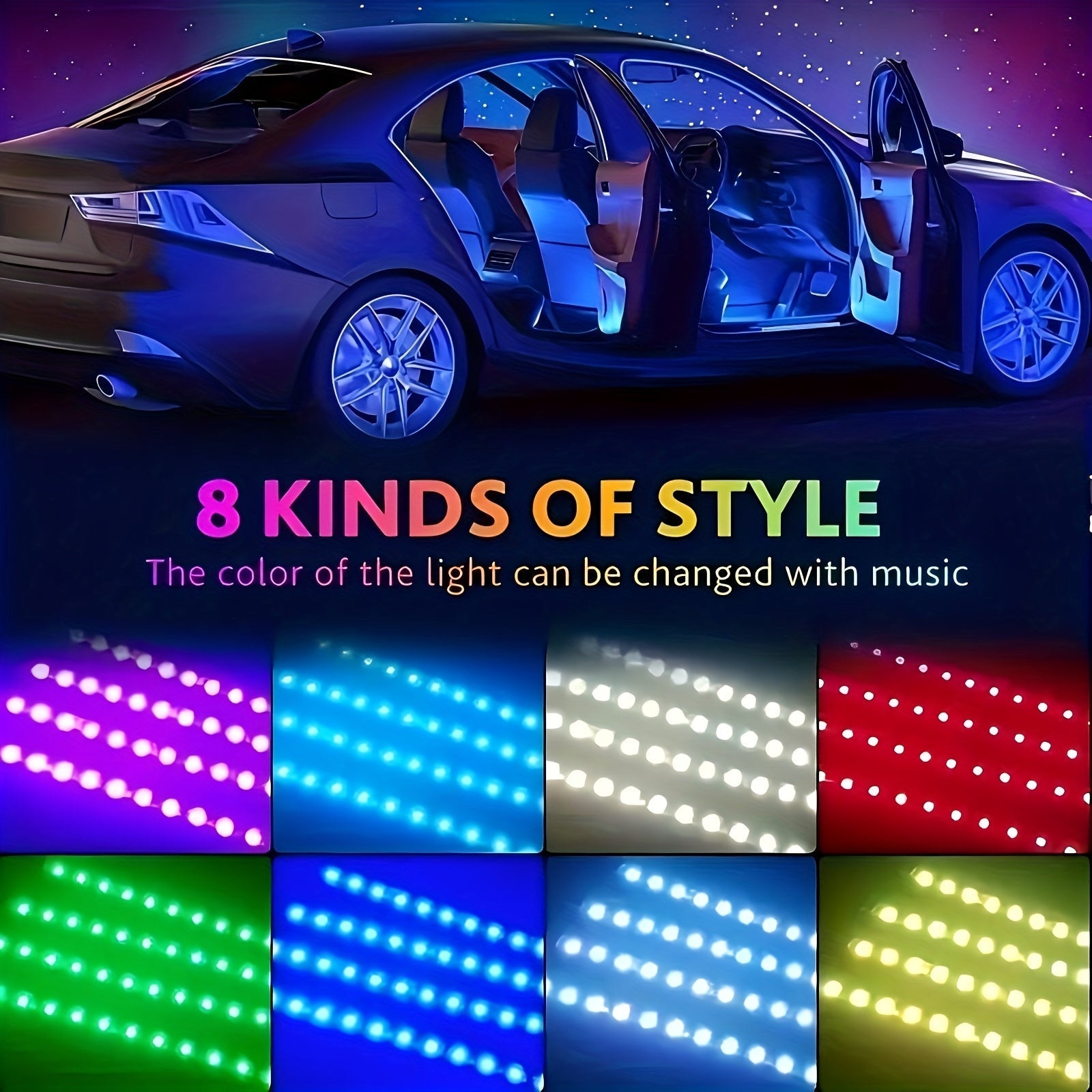 Conjunto de 4 Luces Ambientales para el Interiores del Coche, Lámpara Única Modificada con Colores, Luz de Ambiente USB Decorativa LED con Ritmo Musical