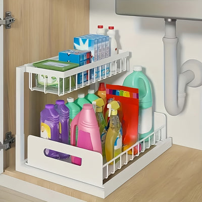 1pc Estante Extraíble de Doble Capa para Debajo del Fregadero, Estantería Multifuncional de Acero al Carbono para Cocina y Baño, Adecuado para Organizar Esenciales y Productos de Limpieza - /Blanco/Gris