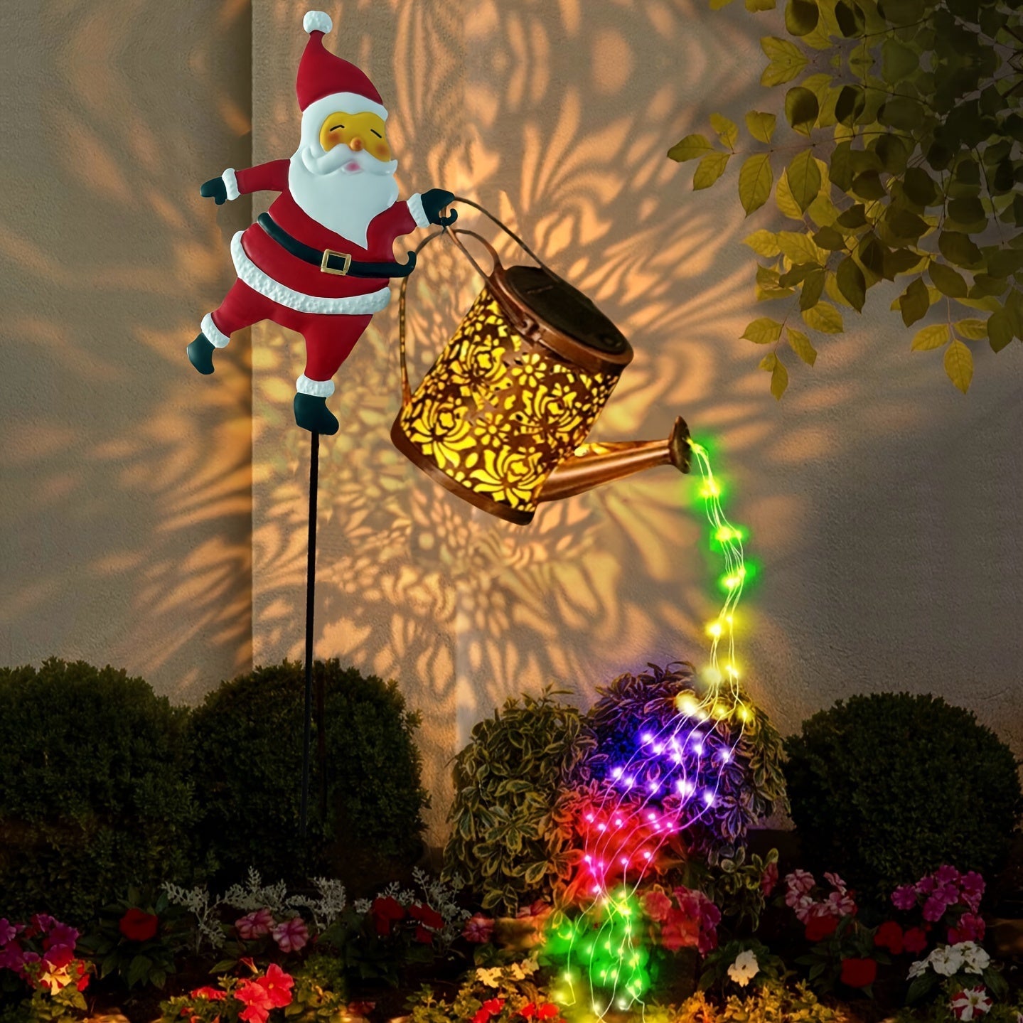 Tetera solar con luz, tetera con diseño de Santa Claus colorido, luces LED solares para interiores y exteriores, ideal para dormitorio, jardín, terraza, fiestas en el patio, bodas y decoración navideña