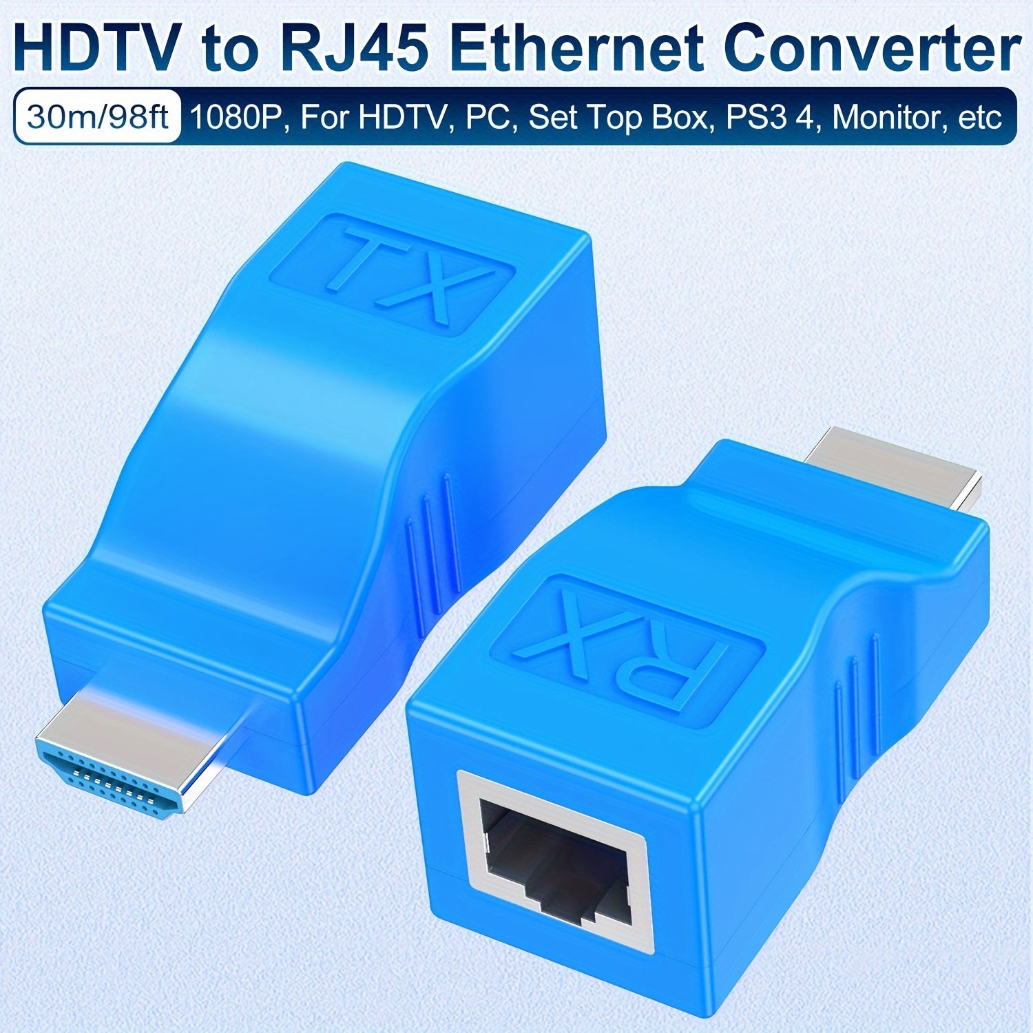 HDTV to RJ45 Ethernet Network Converter Extender Adapter, HDTV Over Cat6/Cat7/Cat8 Cable, Support Audio Video 1080P up to 29.87meter for HDTV, Computer, Set-Top Box, PS3/PS4, Projector, Monitor - USB Powered, Operating Voltage ≤36V