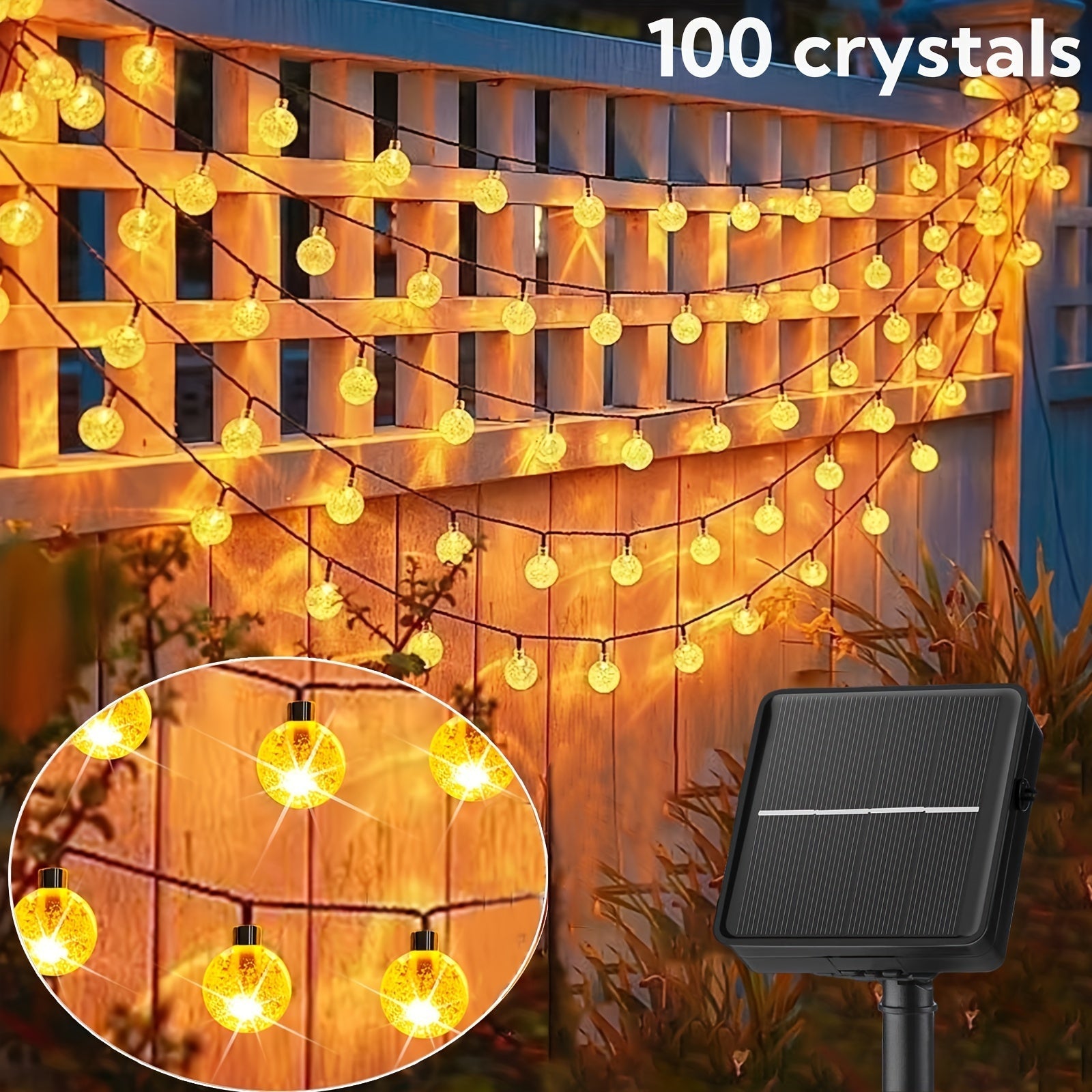 1 juego de luces solares de cristal 100/50/20, luces de hadas con 8 modos, bolas de cristal. Para exteriores: jardín, patio, balcón, bodas, decoración navideña y de verano (luz cálida, luz blanca, luz de colores)