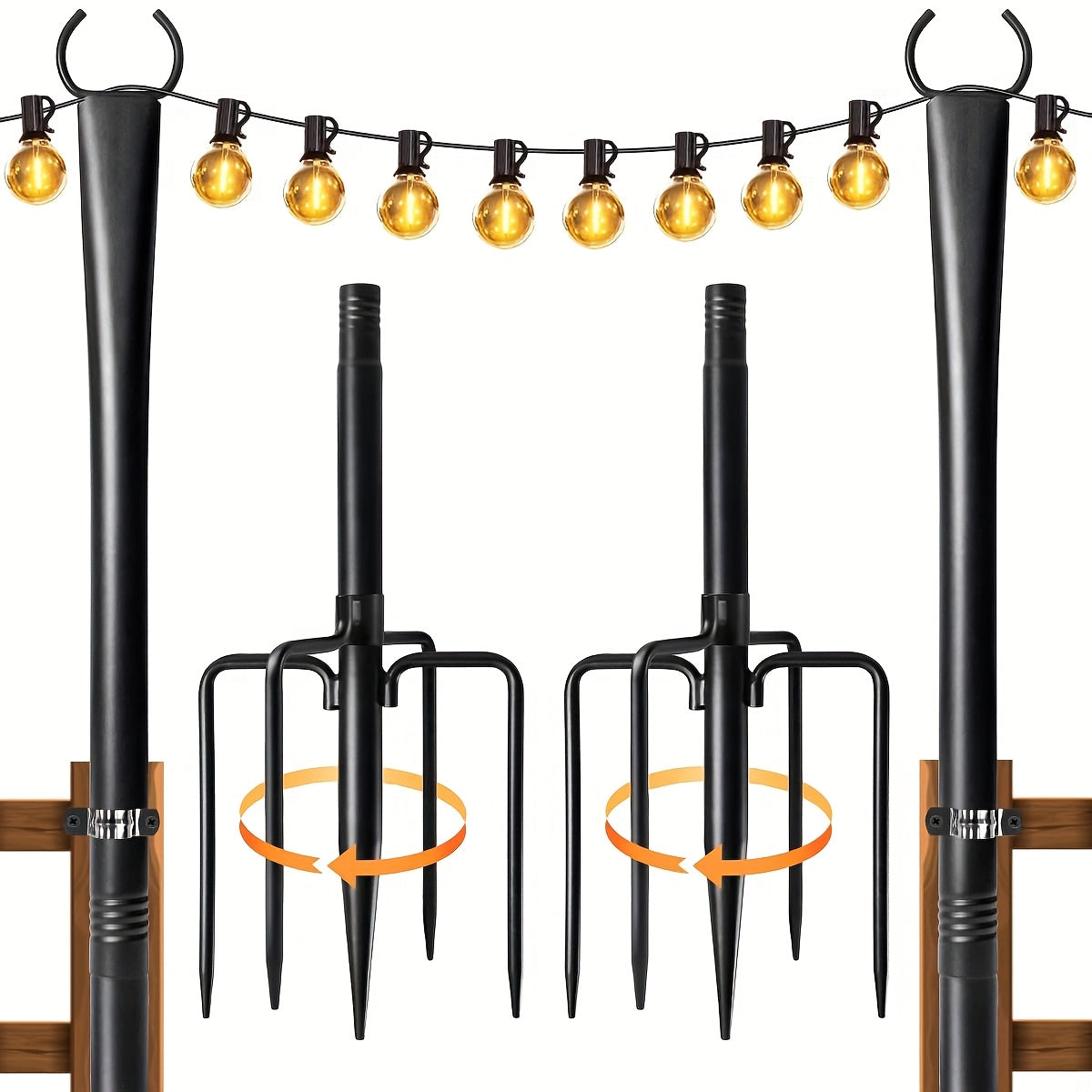 6/4/2 piezas de 3,05 metros de postes de luz de jardín de metal negro con múltiples ganchos - Fijo de luz colgante para exteriores para patio, decoración de Navidad y bodas, no necesita electricidad, luces de cuerda para decoraciones al aire libre, ilumi