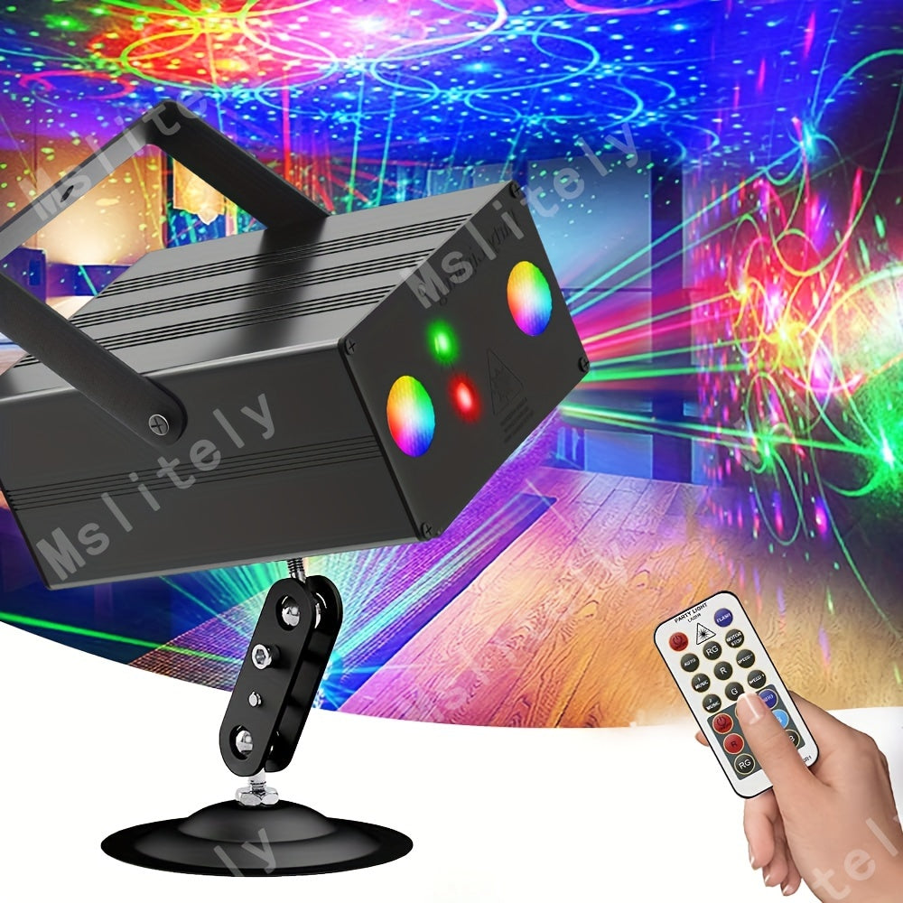 Proyector láser 4 en 1 con alimentación USB con 4 colores (rojo, verde, azul, amarillo) y 3 modos (arcoíris, estrella, punto) - Cabezal giratorio ajustable de 360°, 4 altavoces integrados, diseño compacto para cine en casa, fiestas, eventos, espectáculo