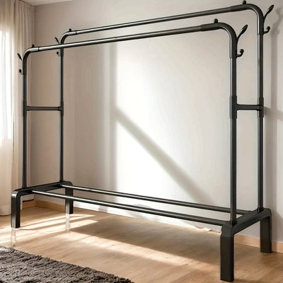 1pc Perchero clásico de doble varilla, gran capacidad de hierro y plástico, de pie con estantes para abrigos, sombreros, zapatos - Ideal para dormitorio, balcón, almacenamiento de baño - Fácil autoensamblaje, perchero autoensamblado | Elegante acabado ne