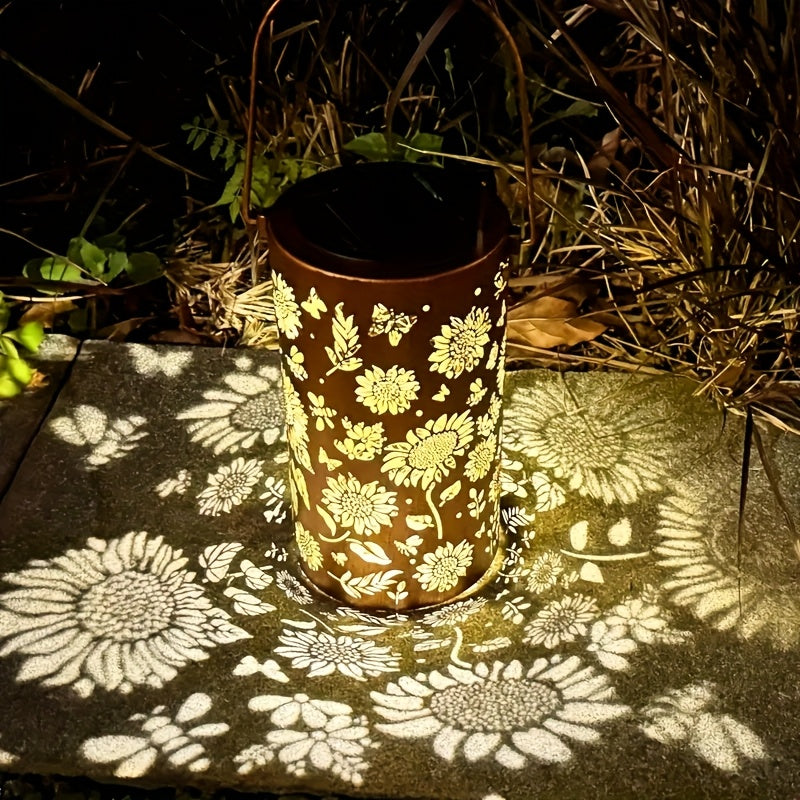 Iluminación ambiental decorativa para jardín con arte de hierro alimentado por energía solar y proyección de girasoles - Lámpara solar exterior de montaje semienterrado, luz cálida amarilla, carga de batería solar, decoraciones solares, decoración solar,