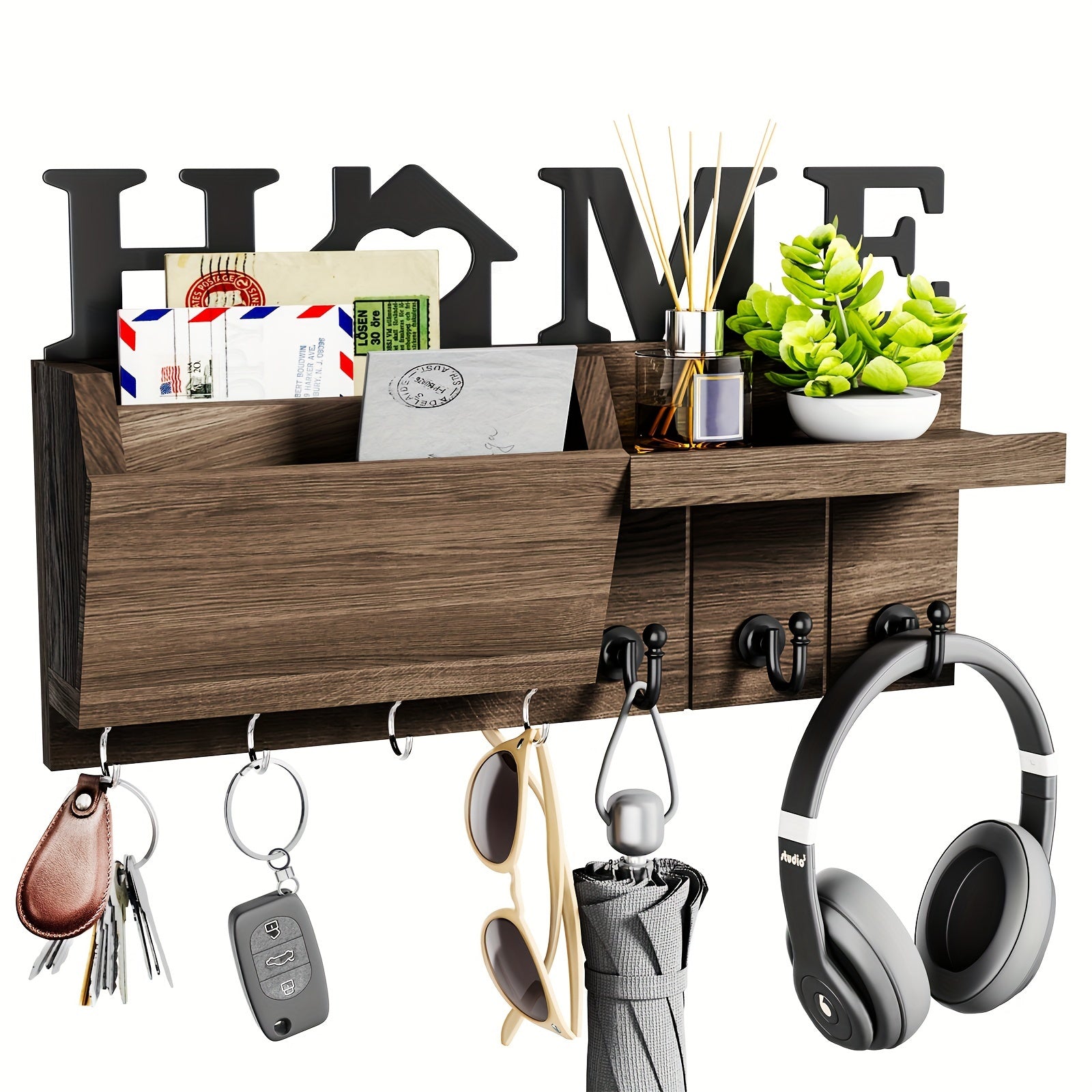 Soporte de llaves de madera contemporáneo con 7 ganchos - Organizador de entrada de pared para hogar, oficina, dormitorio, pasillo - Acabado marrón, almacenamiento de pared | Estilo contemporáneo | Construcción de madera, soporte de llaves de pared