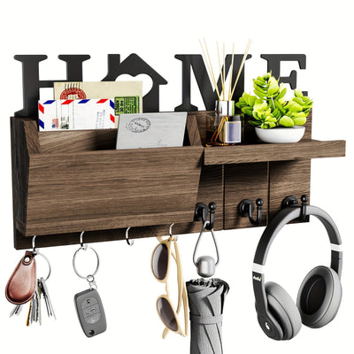Soporte de llaves de madera contemporáneo con 7 ganchos - Organizador de entrada de pared para hogar, oficina, dormitorio, pasillo - Acabado marrón, almacenamiento de pared | Estilo contemporáneo | Construcción de madera, soporte de llaves de pared