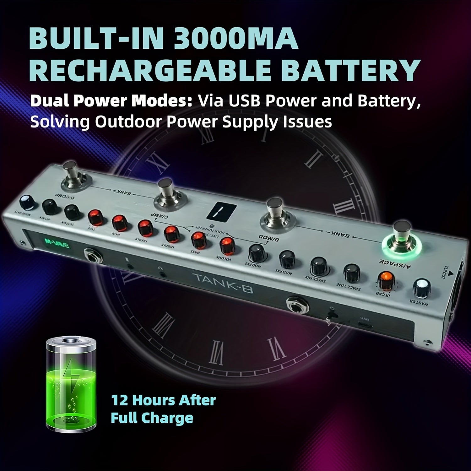 Procesador de efectos de bajo portátil M-VAVE, todo en uno - 36 presets/9 simulaciones de amplificadores, 8 cargadores de IR, retraso, modulación, reverberación, afinador, conexión BT, batería de 12 horas, recargable por USB - para grabación y actuación