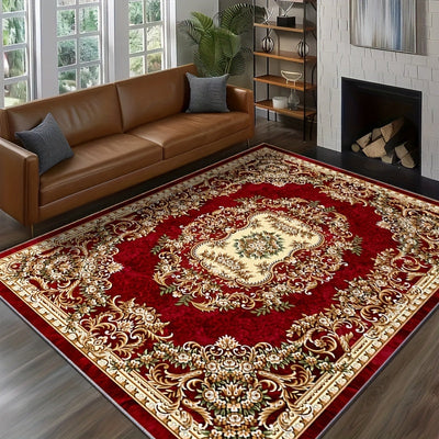 Alfombra bohemia de terciopelo, 850 g/m², antideslizante, suave, diseño persa oriental vintage en rojo, no se desprende, fácil de cuidar, ideal para áreas de alto tráfico en salas y habitaciones, lavable, de pelo bajo, apta para mascotas, lavable a máqui