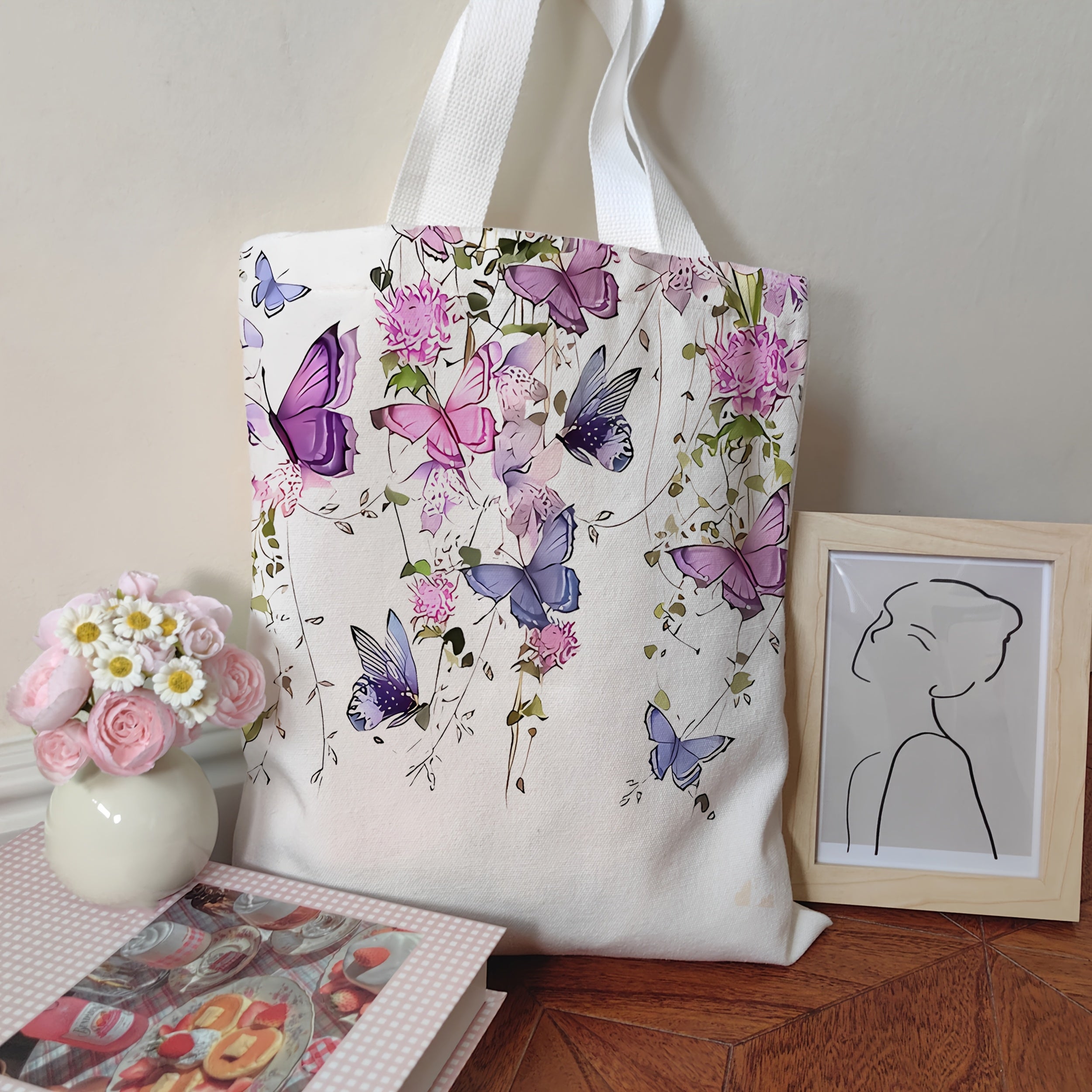 1 pieza de bolso de lona para mujer con diseño de mariposa y flores - Ligero, plegable, duradero para compras en bibliotecas, escuelas y uso diario, bolso escolar | Diseño floral de mariposa | Bolso plegable