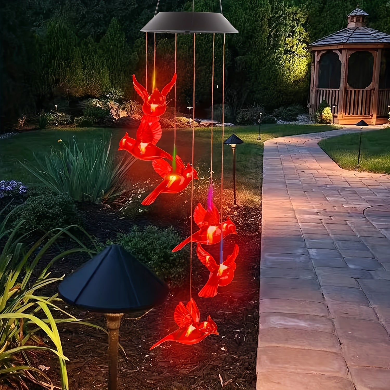 1 pieza de luz de viento de pájaro rojo solar - 6 aves de llama LED, transición colorida, plástico ABS duradero, ideal para jardín, patio y decoración del hogar - Fácil de colgar con gancho metálico en forma de S, regalo perfecto para entusiastas de exte