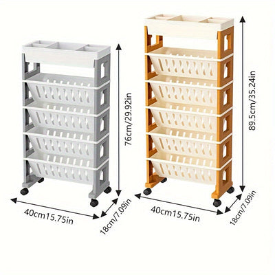 1 Mesa Lateral Rodante con Estantería - Carrito Moderno de Plástico de 3 Niveles con Ruedas, Blanco y Detalles de Madera, Organizador de Almacenamiento Multiusos para Aula, Oficina y Hogar, Decoraciones para Estanterías