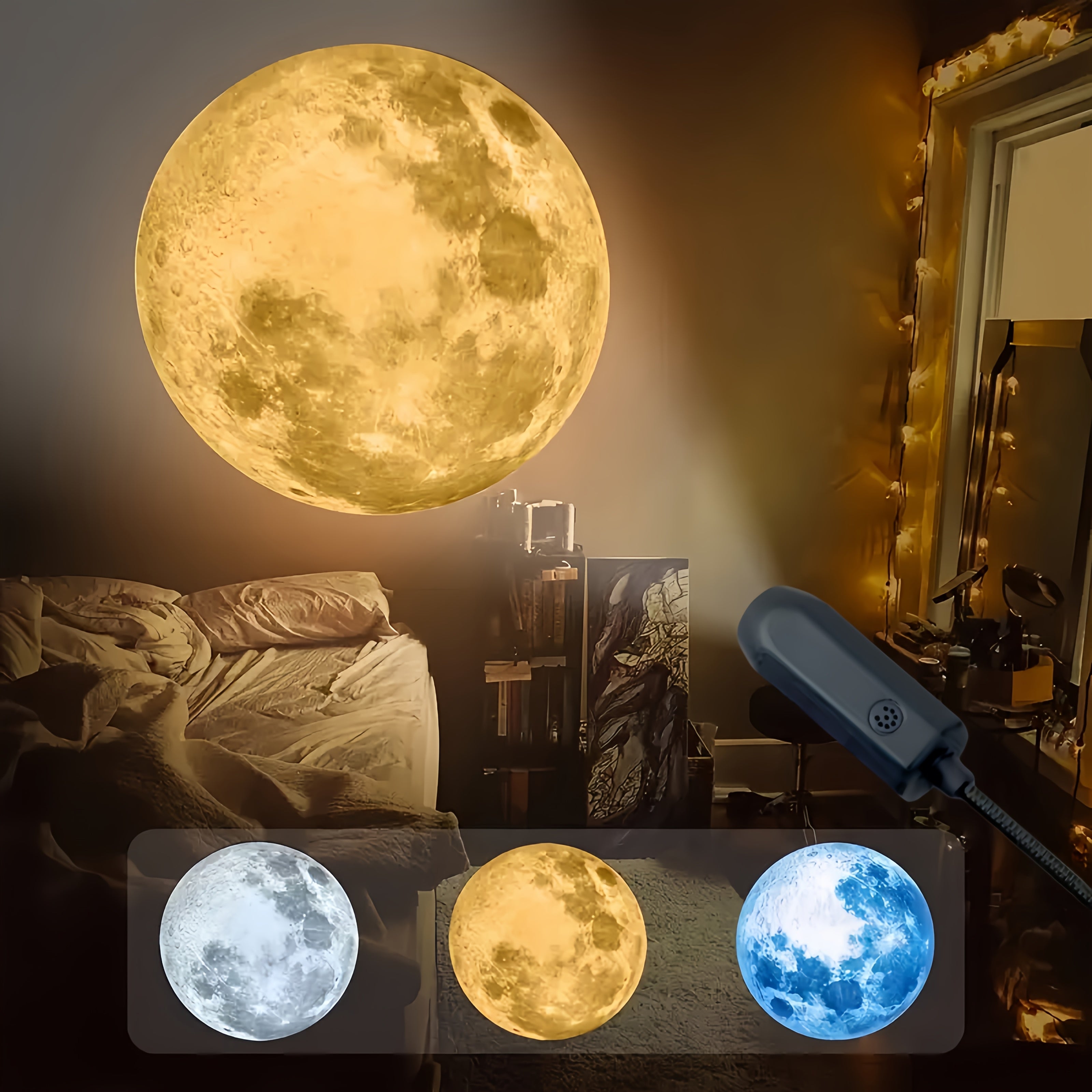 1 luz + 3 luces de luna en amarillo, blanco y azul con interfaz USB, lámpara LED portátil proyectora para techo, fondo fotográfico giratorio 360°, accesorios para computadora, iluminación decorativa para dormitorio