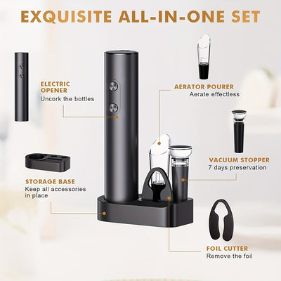 Juego de Abrebotellas Eléctrico Automático de 5 Piezas, Cortador de Papel Aluminio, Tapones y Base de Almacenamiento - Funciona con Batería Seca, Requiere 4 Pilas AAA (No Incluidas) - Corcho para Mantenimiento del Vacío Fresco, Vertedor, Juego de Vajilla