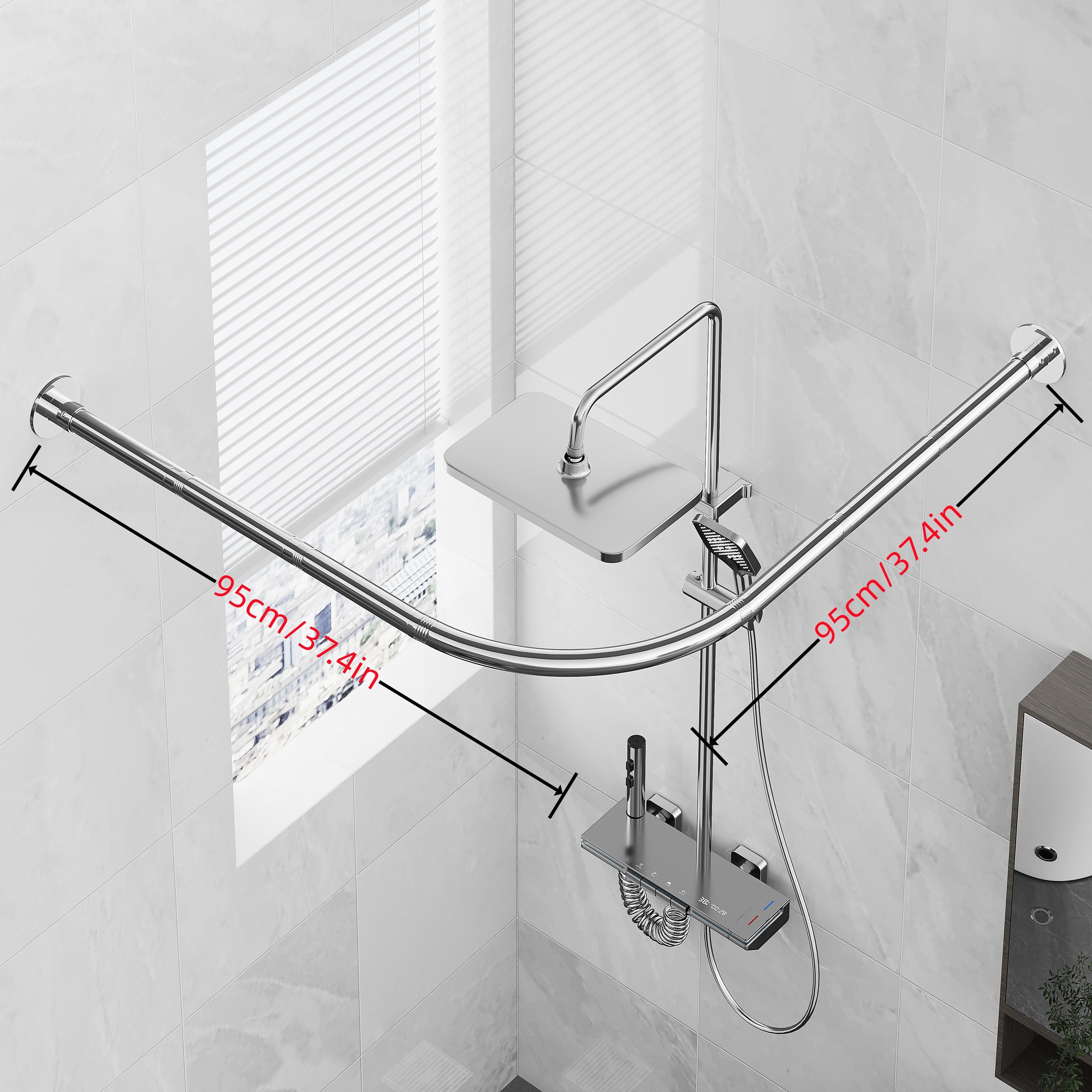 1pc Barra de cortina de ducha de esquina de acero inoxidable plateado, marco en forma de L, instalación sin orificios, adecuada para baño, bañera, tienda de ropa, accesorios de baño duraderos y elegantes al aire libre