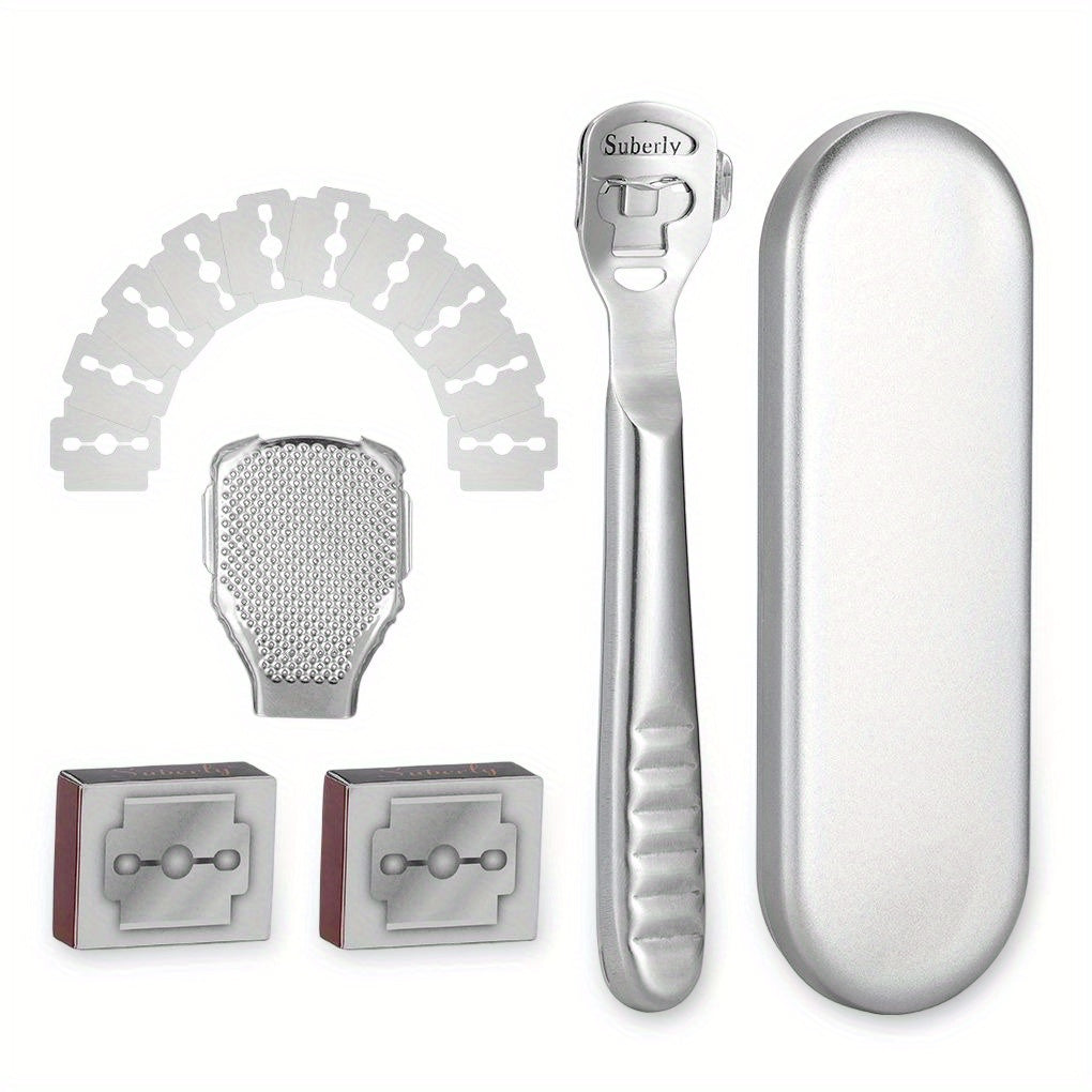 Un kit de afeitado de callos que incluye 20 cuchillas de repuesto, una navaja de callos y una lima para pies para el cuidado de los pies, todo empaquetado en una caja de metal. Es fácil de reemplazar y transportar, con bordes pulidos y mangos para comodi