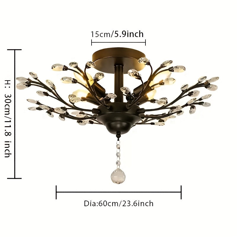 Elegancia Vintage: Moderno Cristal de Vidrio K9 con 4 bases E12 - Acabado de Metal Negro, Montaje Semi-Inclinado para Sala de Estar, Dormitorio, Comedor, Oficina y Iluminación de Techo de Porche - Bombillas no incluidas, Lámpara de Techo, Cercana a Luces