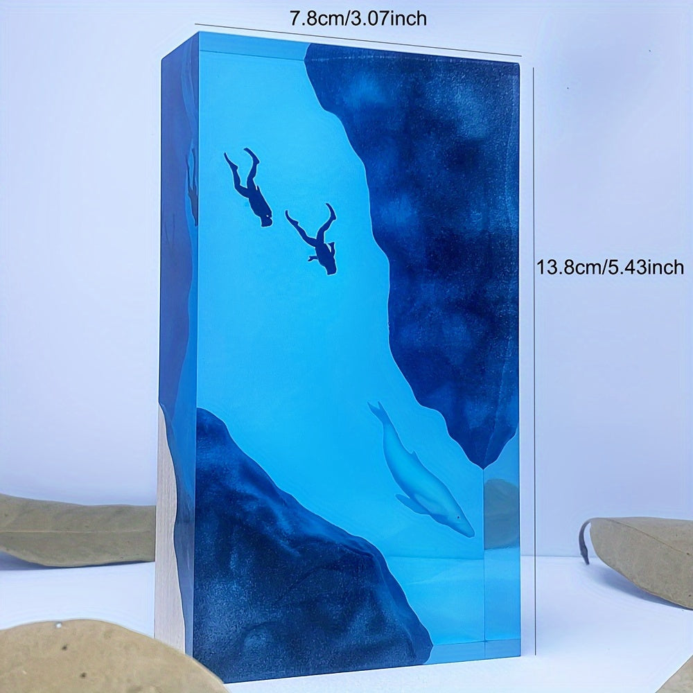 UGENHAS Luz Nocturna Marina - Lámpara de Mesa con Escena de Buceadores y Cueva, Decoración USB para Dormitorio, Sala o Baño - Iluminación Ambiental Moderna en Tonos Azules, Temática Oceánica, Diseño Geométrico, Acabado Pulido, Resina Duradera, Ideal para