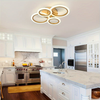Lámpara de techo LED moderna con 4 luces en forma de anillo, diseño metálico con tono cálido y abrazaderas removibles para fácil instalación - Ideal para cocina, dormitorio, sala de estar, lavandería - Incluye hardware