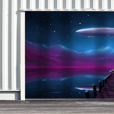1pc Banderola de Puerta de Garaje con Reflejo del Lago y Montaña en Aeronave Fantástica - Paisaje Nocturno Vibrante con Estrellas, Poliéster Resistente al Clima, Sin Necesidad de Electricidad para Decoración Navideña, Halloween, Fiestas y Jardín, Tema Ac