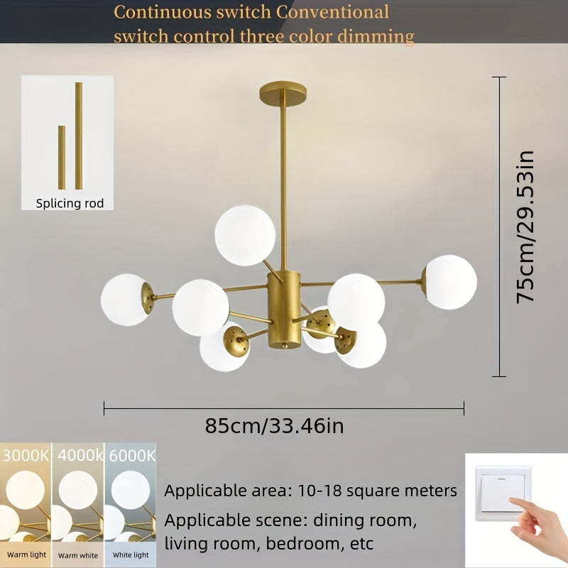 1 lámpara colgante moderna de lujo LED tricolor con regulación de intensidad para comedor, dormitorio, sala de estar o estudio - pantalla de vidrio blanco lechoso - 8 bases E27 (bombillas no incluidas)