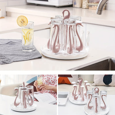 Soporte Giratorio 360° para Vasos en Forma de Cisne, con 6 Asas y Bandeja de Drenaje, Apto para Cristalería, Jarras de Cerveza y Más, Diseño Desmontable y Rápido Secado, Accesorio Decorativo y Organizador para Cocina