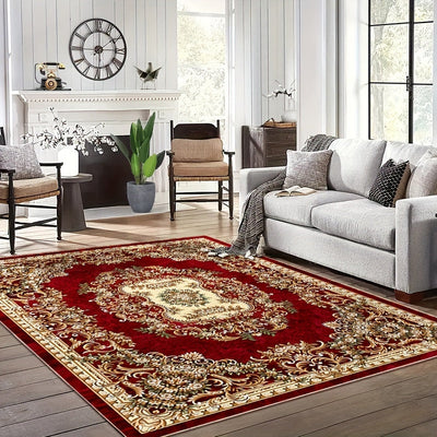 Alfombra bohemia de terciopelo, 850 g/m², antideslizante, suave, diseño persa oriental vintage en rojo, no se desprende, fácil de cuidar, ideal para áreas de alto tráfico en salas y habitaciones, lavable, de pelo bajo, apta para mascotas, lavable a máqui