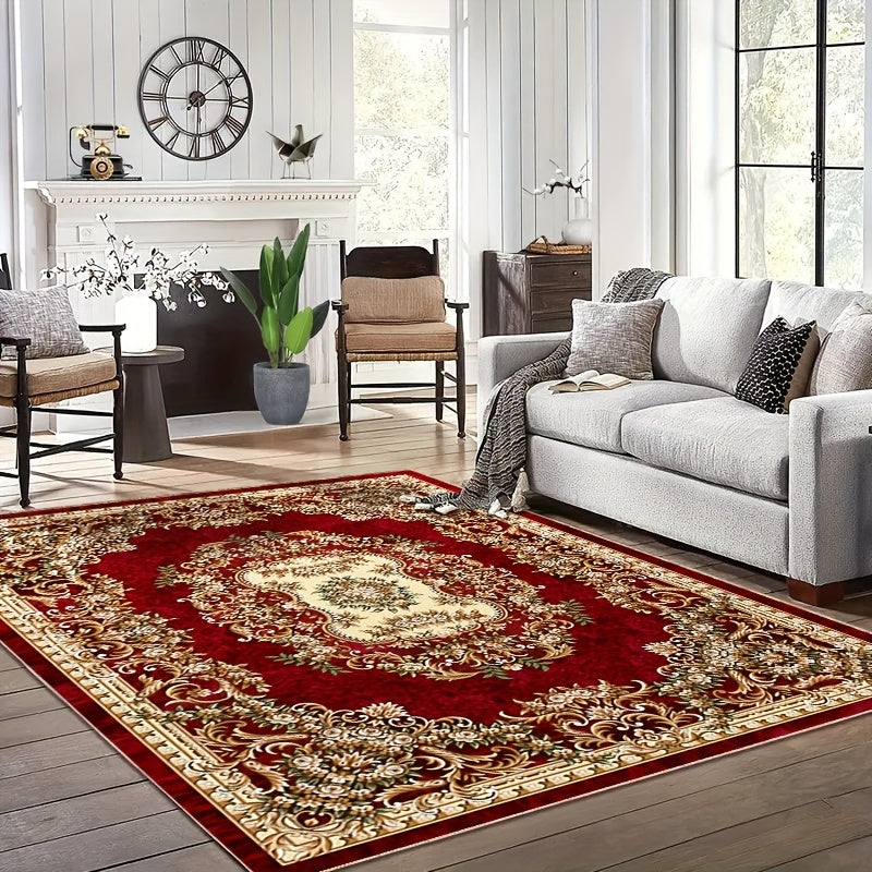 Alfombra bohemia de terciopelo, 850 g/m², antideslizante, suave, diseño persa oriental vintage en rojo, no se desprende, fácil de cuidar, ideal para áreas de alto tráfico en salas y habitaciones, lavable, de pelo bajo, apta para mascotas, lavable a máqui