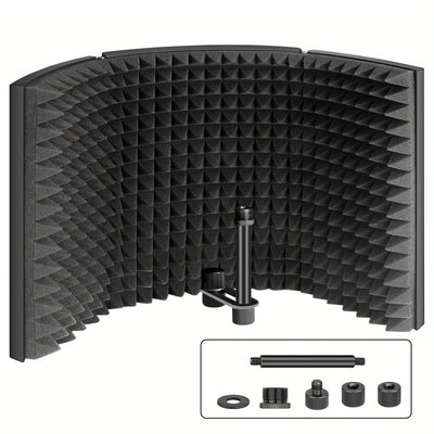 Escudo de Aislamiento de Micrófono de Estudio Profesional - Absorbente de Sonido de Espuma ABS Negra con Conector XLR, Soporte Ajustable y Soporte de Montaje para Grabación de Micrófono Condensador