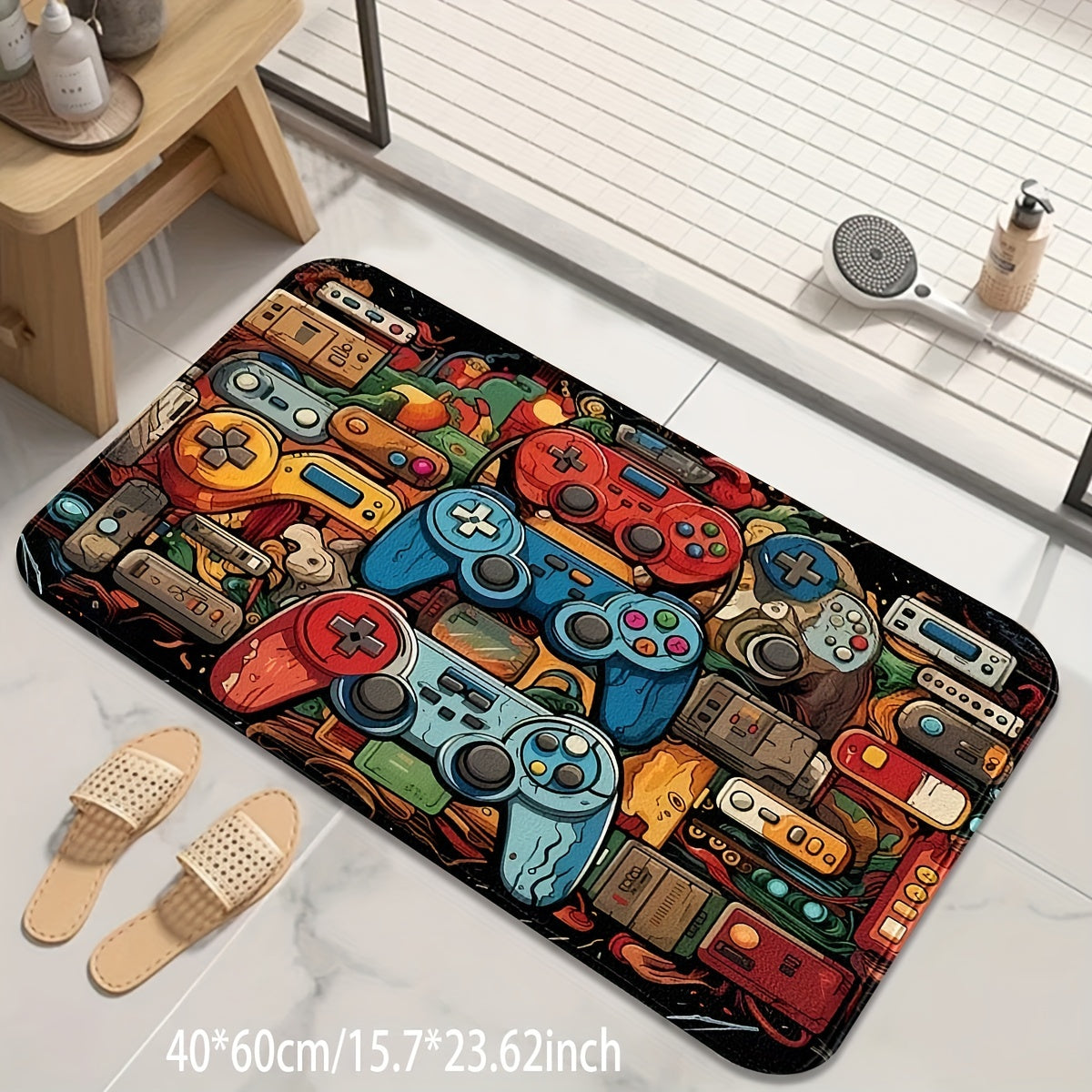 1 pieza de diseño de controlador de juegos FUSFEEL, alfombrilla de cocina antideslizante - Poliéster suave y duradero, varios tamaños para dormitorio, lavandería y sala de juegos - Estilo negro con gráficos de controlador de juegos coloridos, alfombrilla