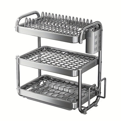 1 juego de escurridor de platos de acero inoxidable 201 grande, con 2 o 3 niveles, soporte para tazas, organizador de utensilios y repisa para escurrir, color plateado, para mesón de cocina