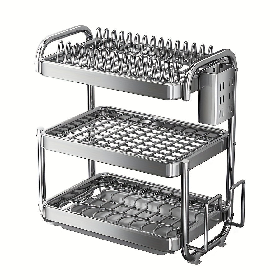 1 juego de escurridor de platos de acero inoxidable 201 grande, con 2 o 3 niveles, soporte para tazas, organizador de utensilios y repisa para escurrir, color plateado, para mesón de cocina