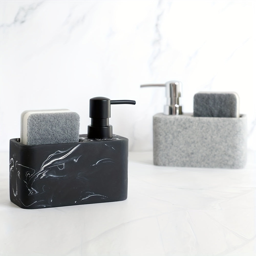 Dispensador de jabón con diseño de mármol en blanco y negro y portaesponja, ideal para decorar el baño