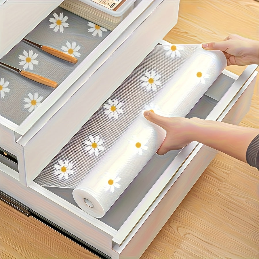 1 Rollo de Forro para Cajones EVA Fácil de Limpiar con Diseño Floral de Margaritas, Adecuado para Armarios y Encimeras de Cocina | Organizador de Cajón de Material EVA