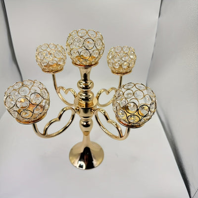 Candelabro de 5 cabezas con cristal dorado - Elegante decoración de mesa para bodas, cumpleaños y cenas románticas, accesorio de comedor romántico | Candelabro de cristal | Base metálica duradera, soporte de velas de cristal