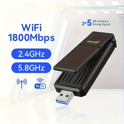 Adaptador sin varillas WiFi 6 USB 3.0 de 1800Mbps, Compatible con PC y Portátil, Adaptador USB WiFi 802.11ax con Tecnología Super USB 3.0 y Seguridad WPA3, Antena Dual de Alta Ganancia 5Dbi, Banda Dual 5.8G/2.4G, Receptor/Transmisor WiFi, Solo Compatible