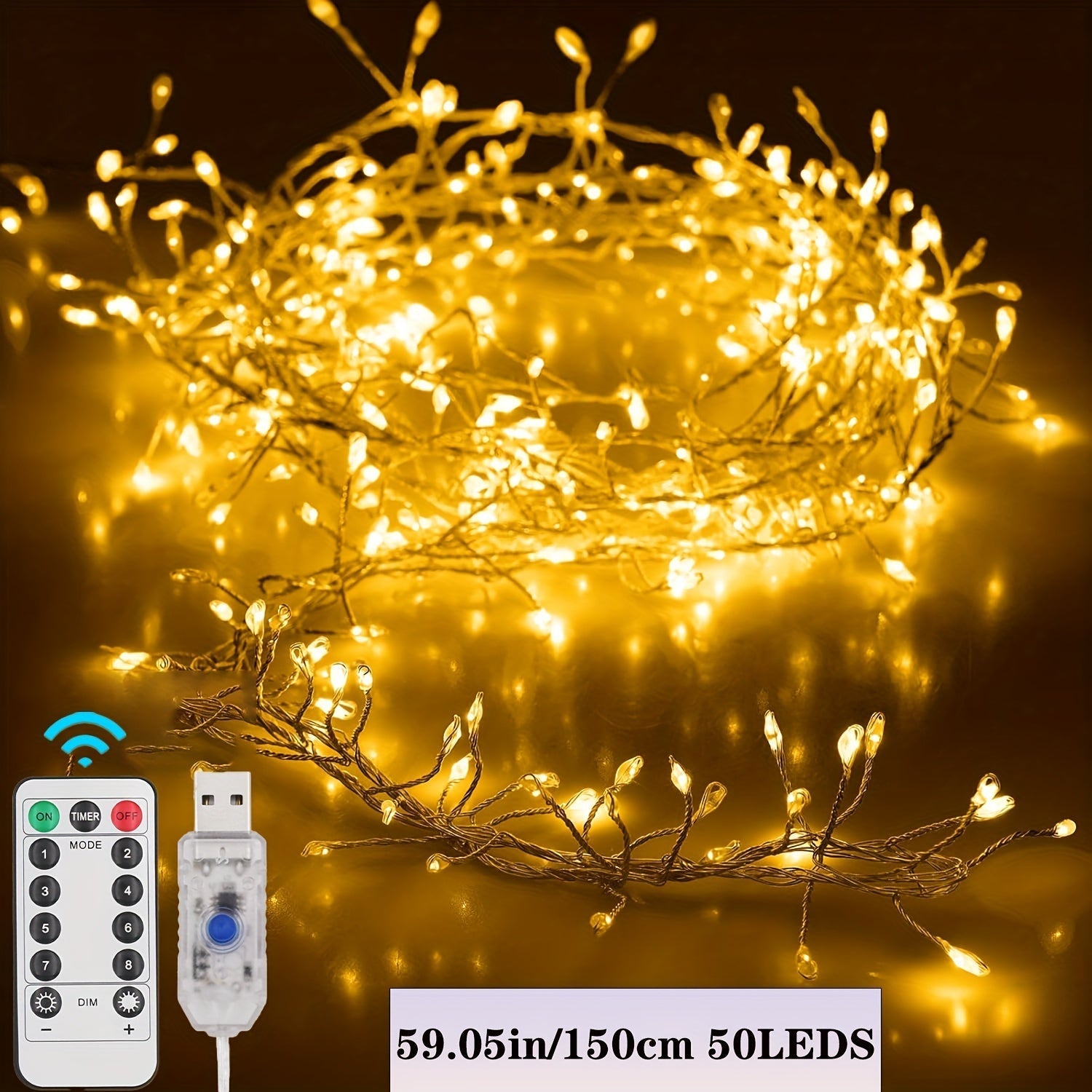 1pc Luces LED de Hadas con Alimentación USB y Control Remoto - 8 Modos de Iluminación, Temporizador, Opciones de Blanco Cálido y Multicolor - Perfecto para Árbol de Navidad, Dormitorio, Techo, Guirnalda, Ventana, Decoraciones de Boda, Uso Interior/Exteri