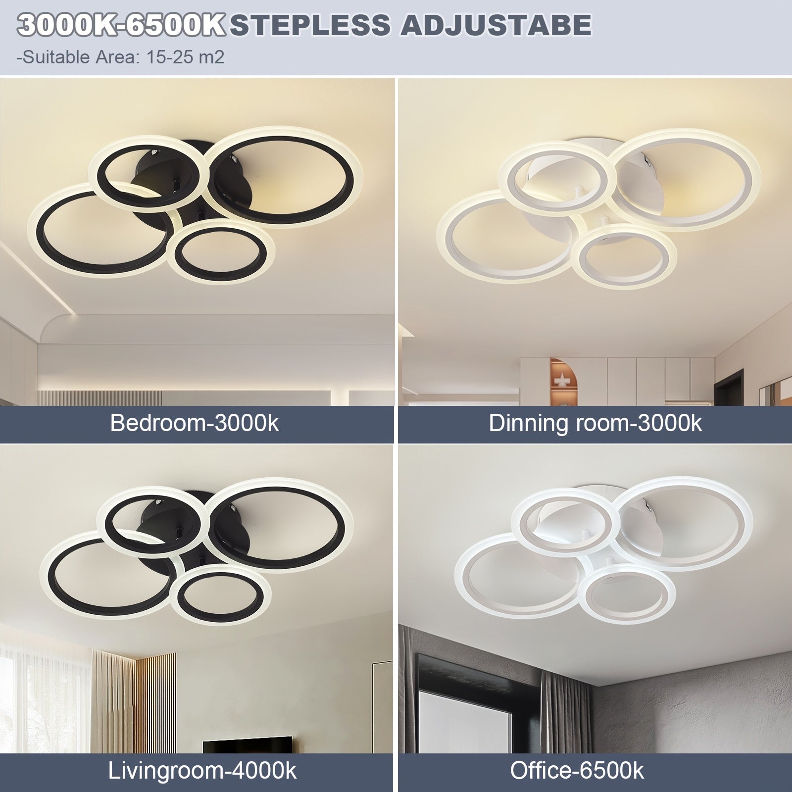1 pieza de Luces de Techo LED con 4 Anillos, Aparatos de Luz de Techo LED Modernos, Luz Cálida, Instalación en Techo Metálico con Clips Desmontables, Adecuado para Cocina, Dormitorio, Sala de Estar, Lavandería - Incluye Herrajes de Montaje