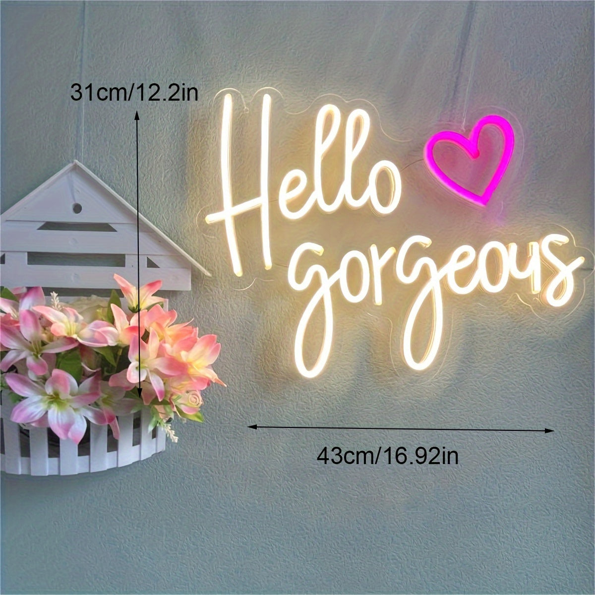 Letrero de Neón "Hola Hermosa" - Elegante Decoración de Pared en Letras Mayúsculas Blancas con Acento de Corazón Rosa, Alimentado por USB, Arte LED Multifuncional para Dormitorio, Hogar, KTV y Regalo de Cumpleaños