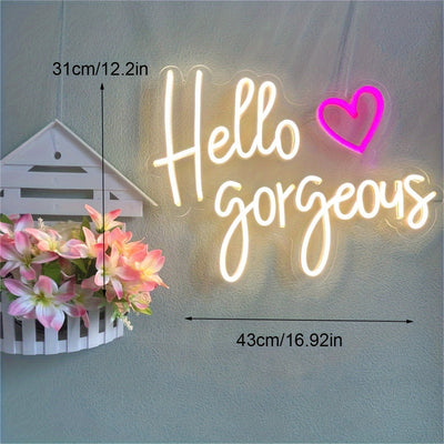 Letrero de Neón "Hola Hermosa" - Elegante Decoración de Pared en Letras Mayúsculas Blancas con Acento de Corazón Rosa, Alimentado por USB, Arte LED Multifuncional para Dormitorio, Hogar, KTV y Regalo de Cumpleaños